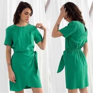 & Other Stories Womens Dress Sz 8 Green Short Sleeve Curved Hem Tie Up Wrap Mini